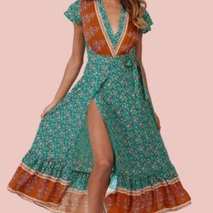 Maxi Floral Wrap Dress Vneck Flutter Sleeve Ruffle Tie Waist Print NWT